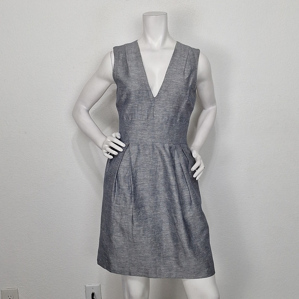 Adam Lippes Gray Business Casual Quiet Luxury Linen Blend V-Neck Dress Size 4